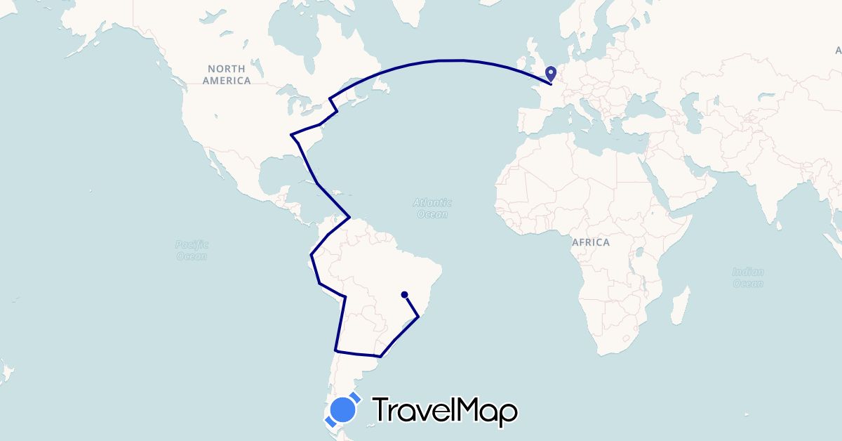 TravelMap itinerary: driving in Argentina, Bolivia, Brazil, Canada, Chile, Colombia, Cuba, Ecuador, France, Peru, United States, Uruguay, Venezuela (Europe, North America, South America)